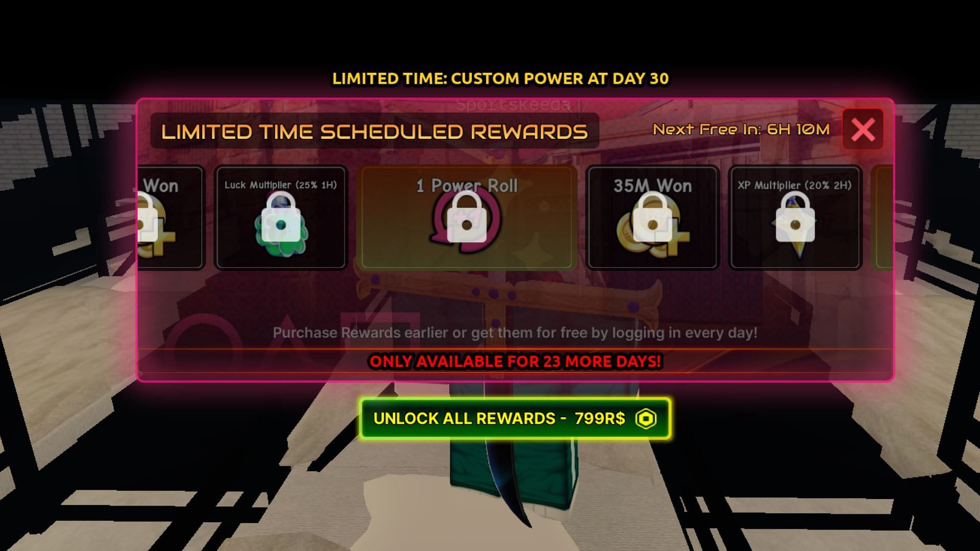Keep unlocking daily rewards to eventually get Power Rolls (Image via Roblox)